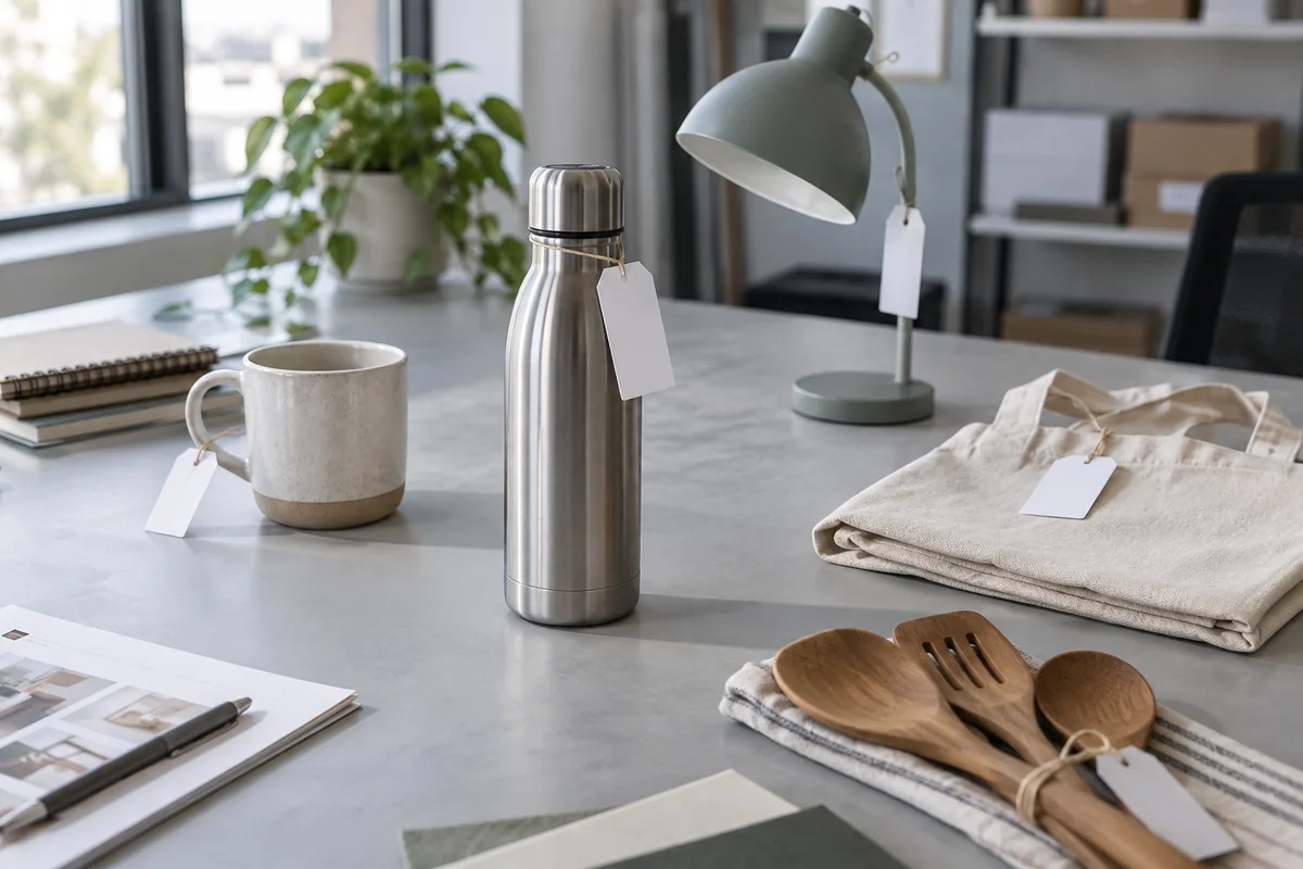 Muestras de productos de consumo sin marca con etiquetas en blanco sobre una mesa de inspección: botella de acero, taza, lámpara, bolsa y utensilios de madera