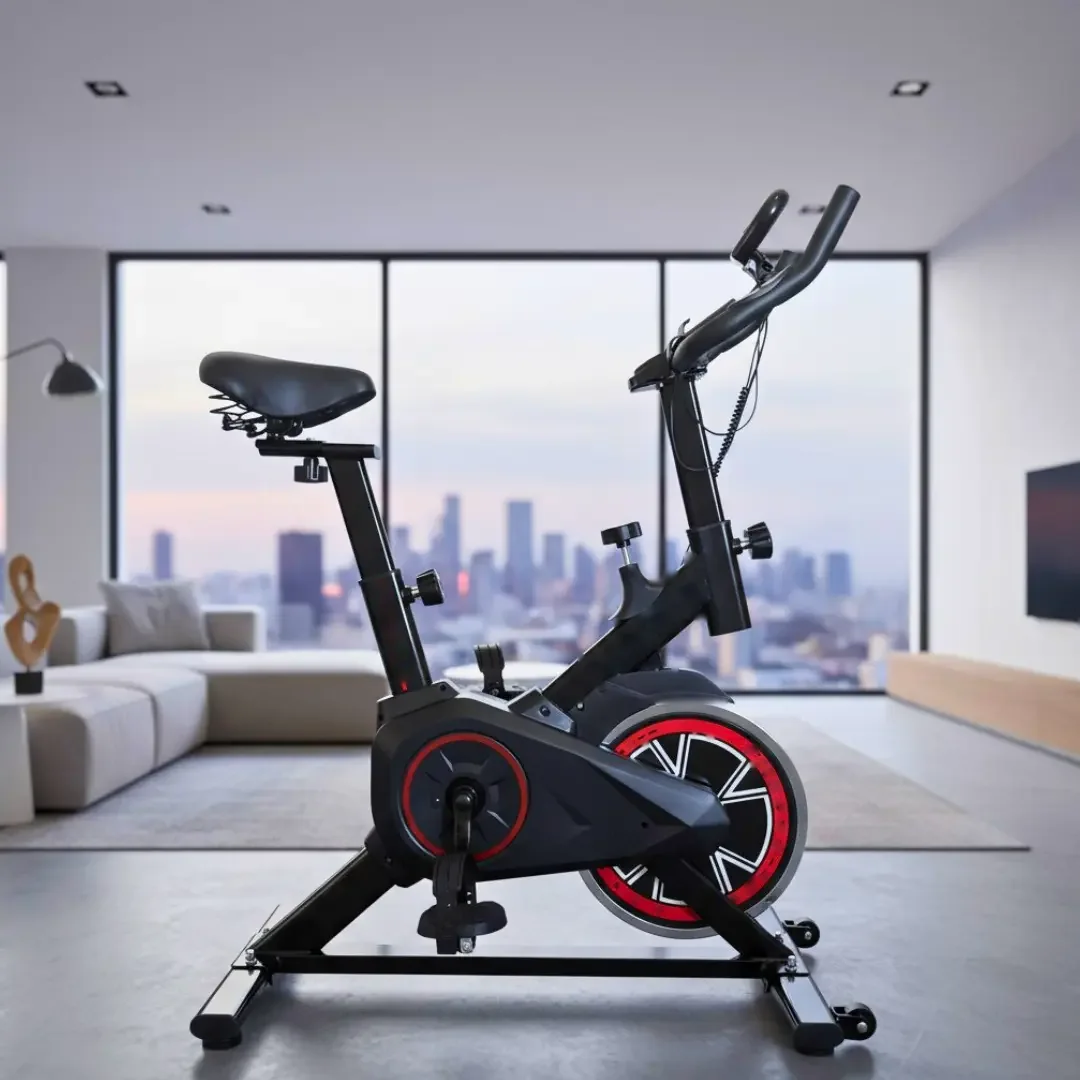Bicicleta de spinning en un departamento con vista a la ciudad
