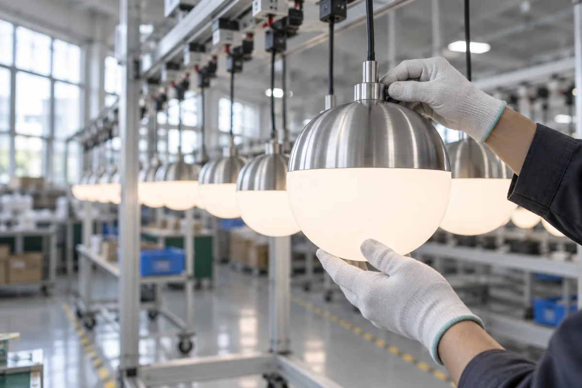 Lámparas colgantes encendidas en un banco de prueba de una fábrica de iluminación, una mano con guante ajusta una