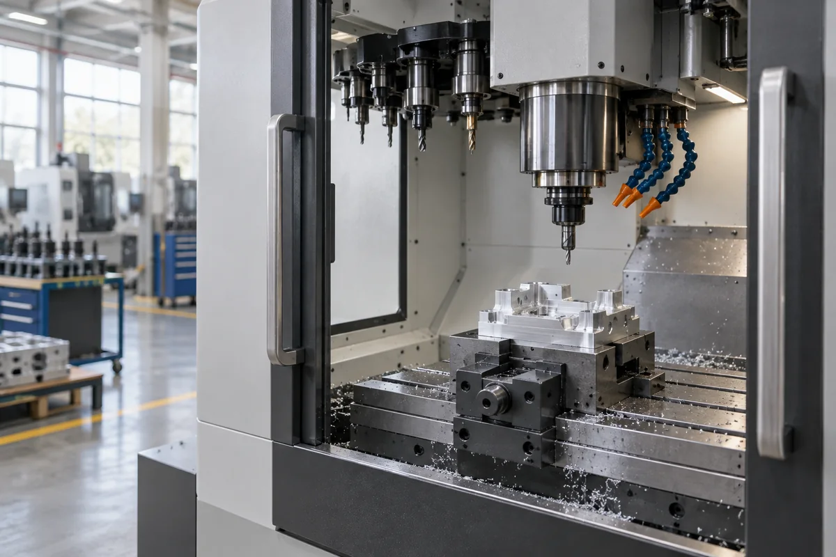 Centro de mecanizado CNC nuevo con la puerta abierta y una pieza de aluminio en la morsa