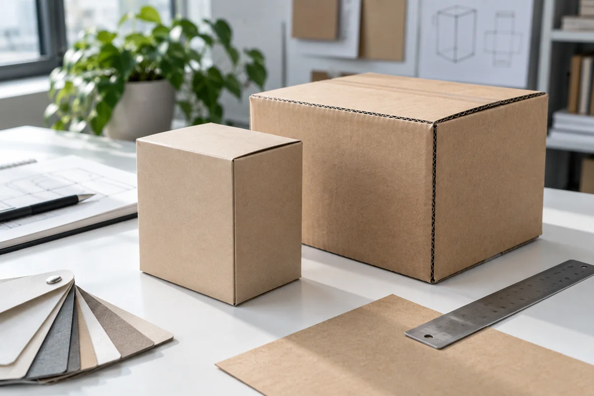 Plegadiza lisa y caja de cartón corrugado sobre una mesa de diseño de empaques