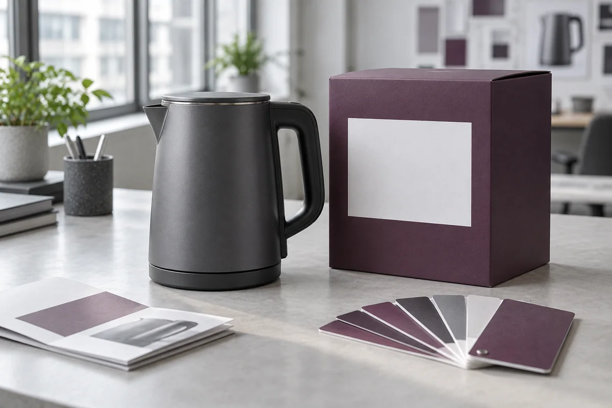 Hervidor eléctrico grafito junto a una caja ciruela con área de etiqueta en blanco y un abanico de colores