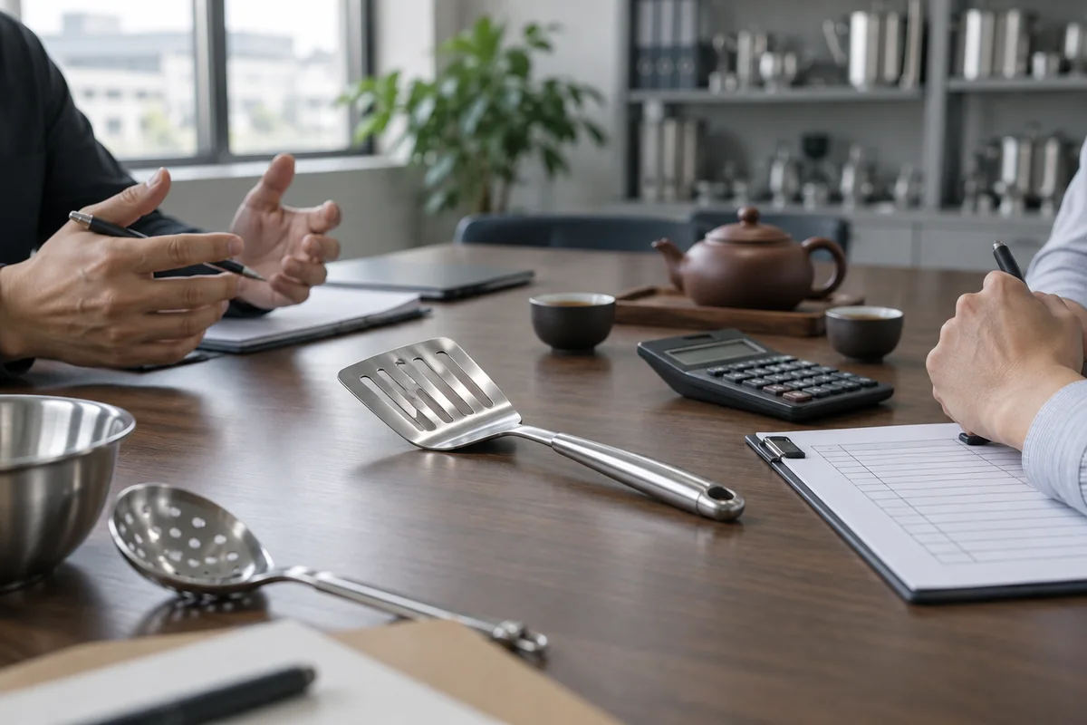 Manos en una mesa de negociación con una muestra de utensilio de cocina, una calculadora y una tetera