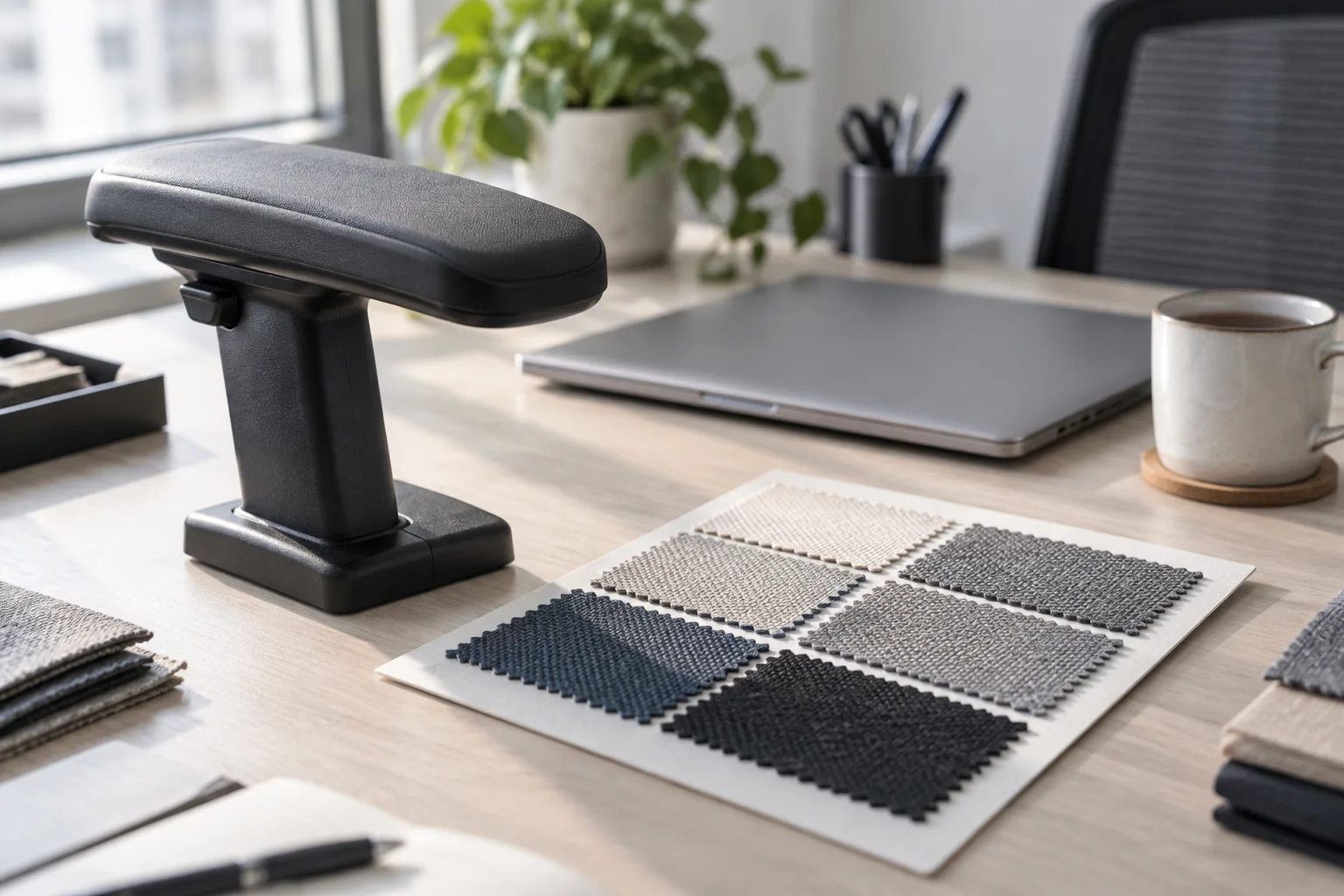 Light desk with a chair armrest sample, a fabric swatch card and a closed laptop