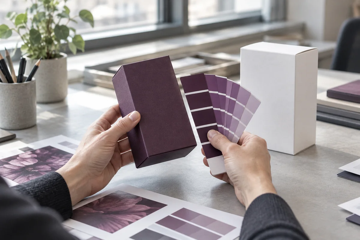 Diseñadora comparando una prueba de caja con un abanico de colores