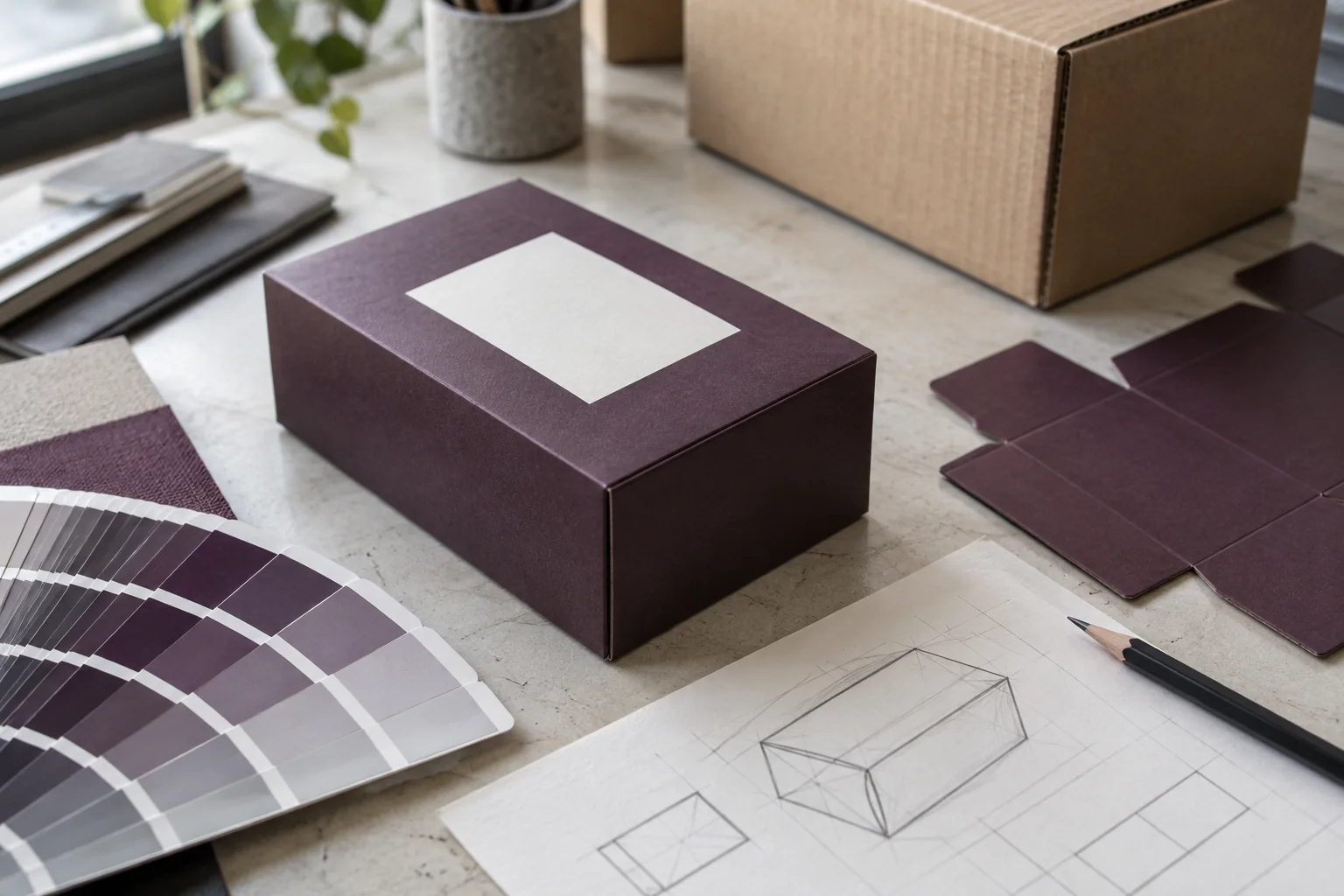 Mesa de desarrollo de empaques con una caja ciruela, una caja corrugada, un pliego troquelado y un abanico de colores