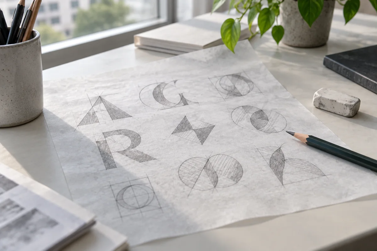 Bocetos a lápiz de letras y marcas geométricas sobre papel de calco
