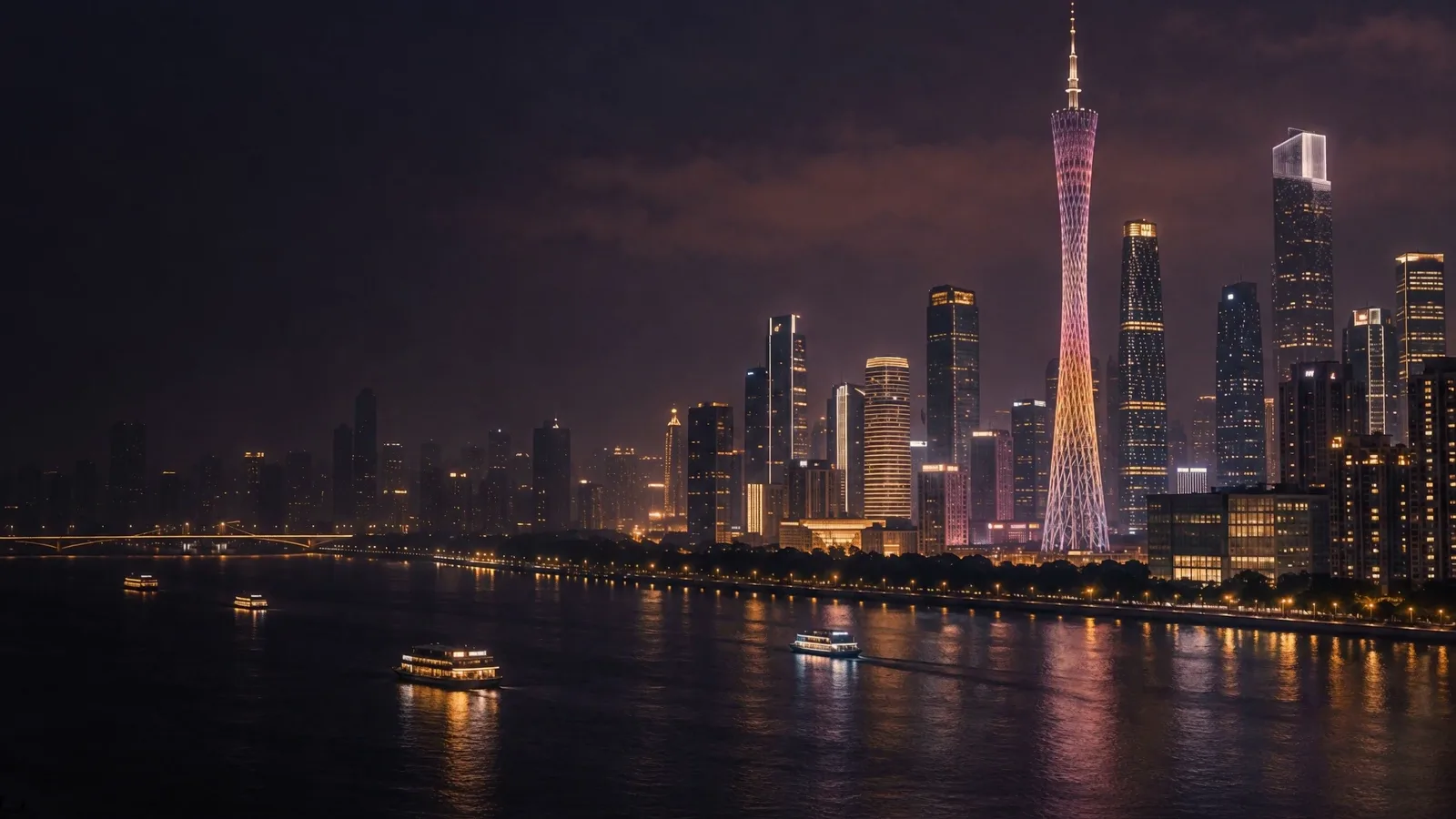 Skyline de Guangzhou de noche y productos terminados avanzando por una línea de fábrica, del mueble a las cajas de exportación