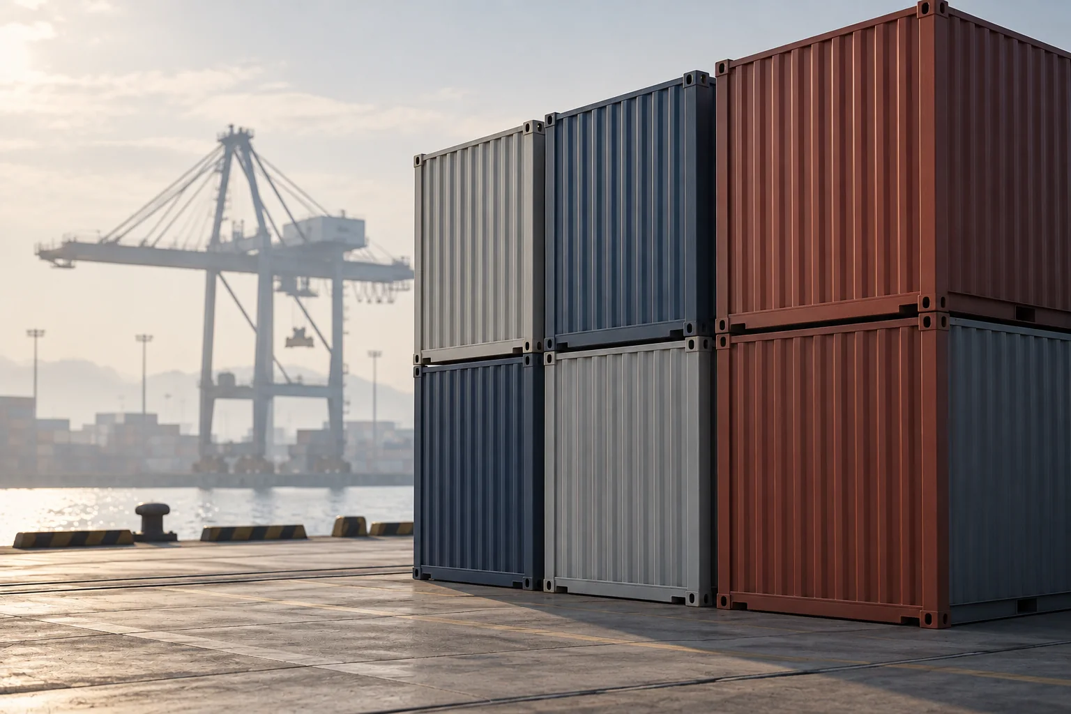 Pila de contenedores sin marcas en el muelle de un puerto al amanecer, con una grúa detrás