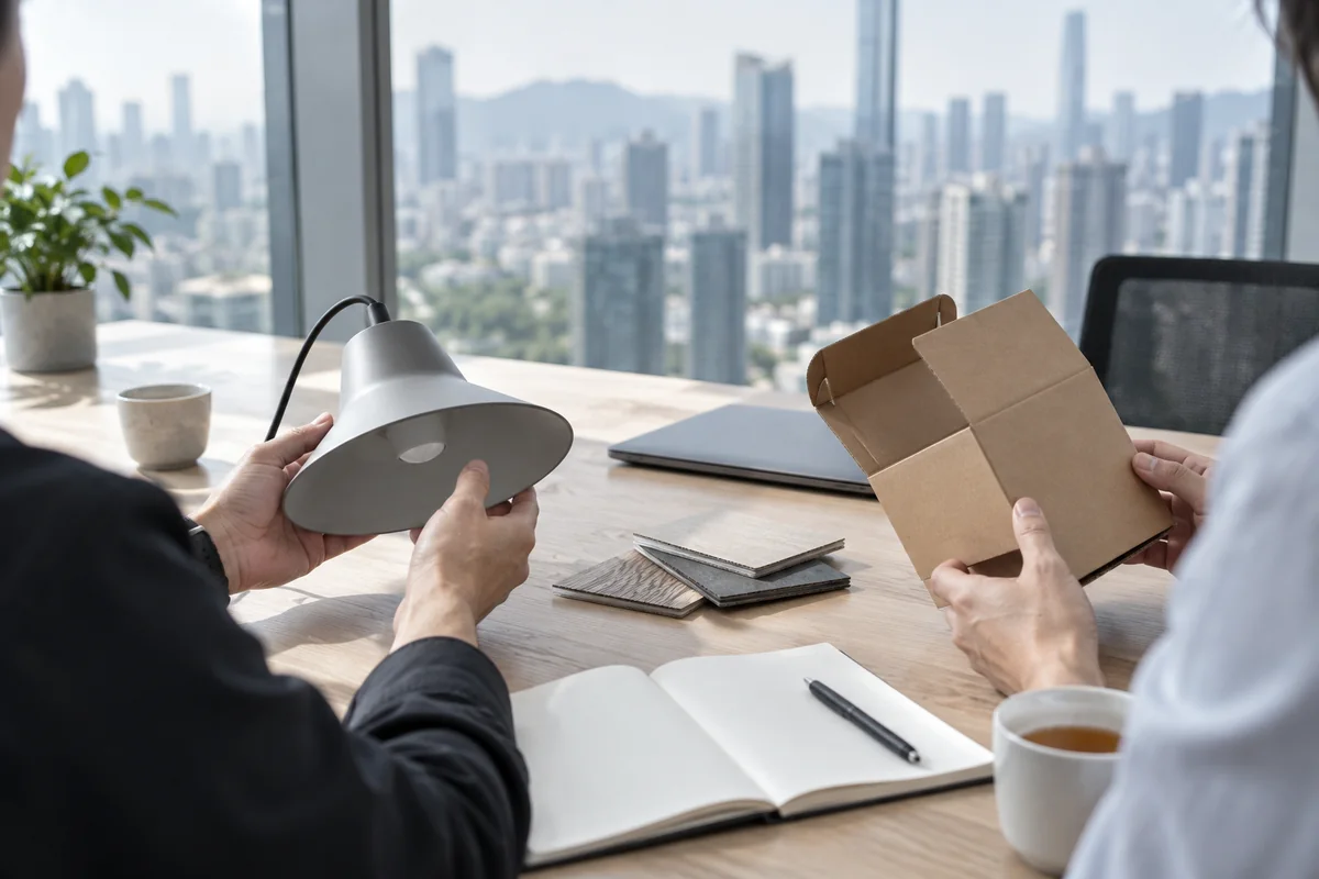 Dos personas de espaldas revisan una muestra de lámpara colgante y una muestra de caja corrugada en una mesa de reuniones en Shenzhen