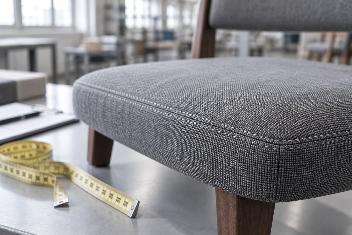 Close view of the double stitching on an upholstered dining chair seat with a tape measure beside it