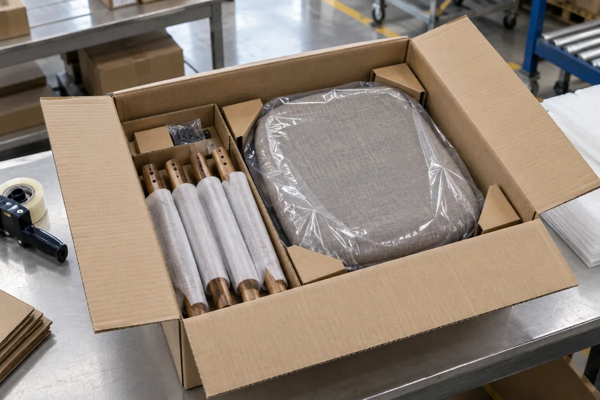 Knocked-down dining chair parts with foam-wrapped legs inside an open corrugated carton with corner protectors