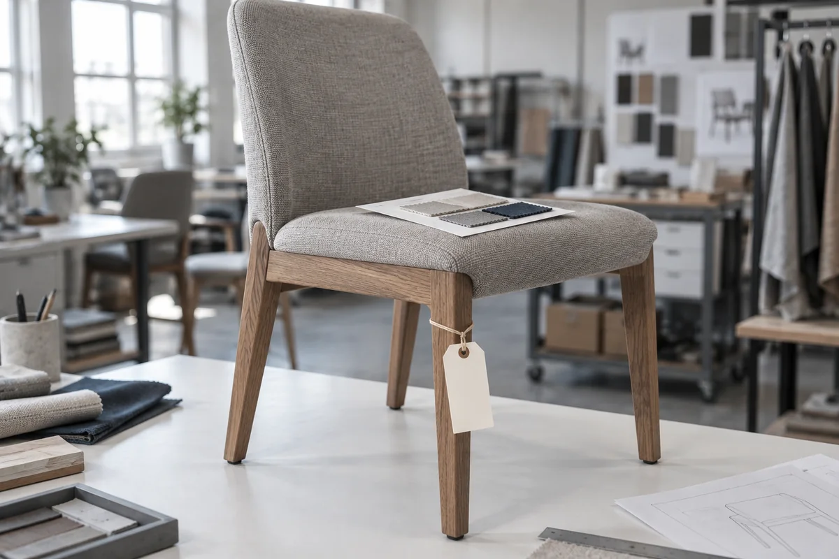 Muestra de preproducción de una silla de comedor con etiqueta de aprobación en blanco