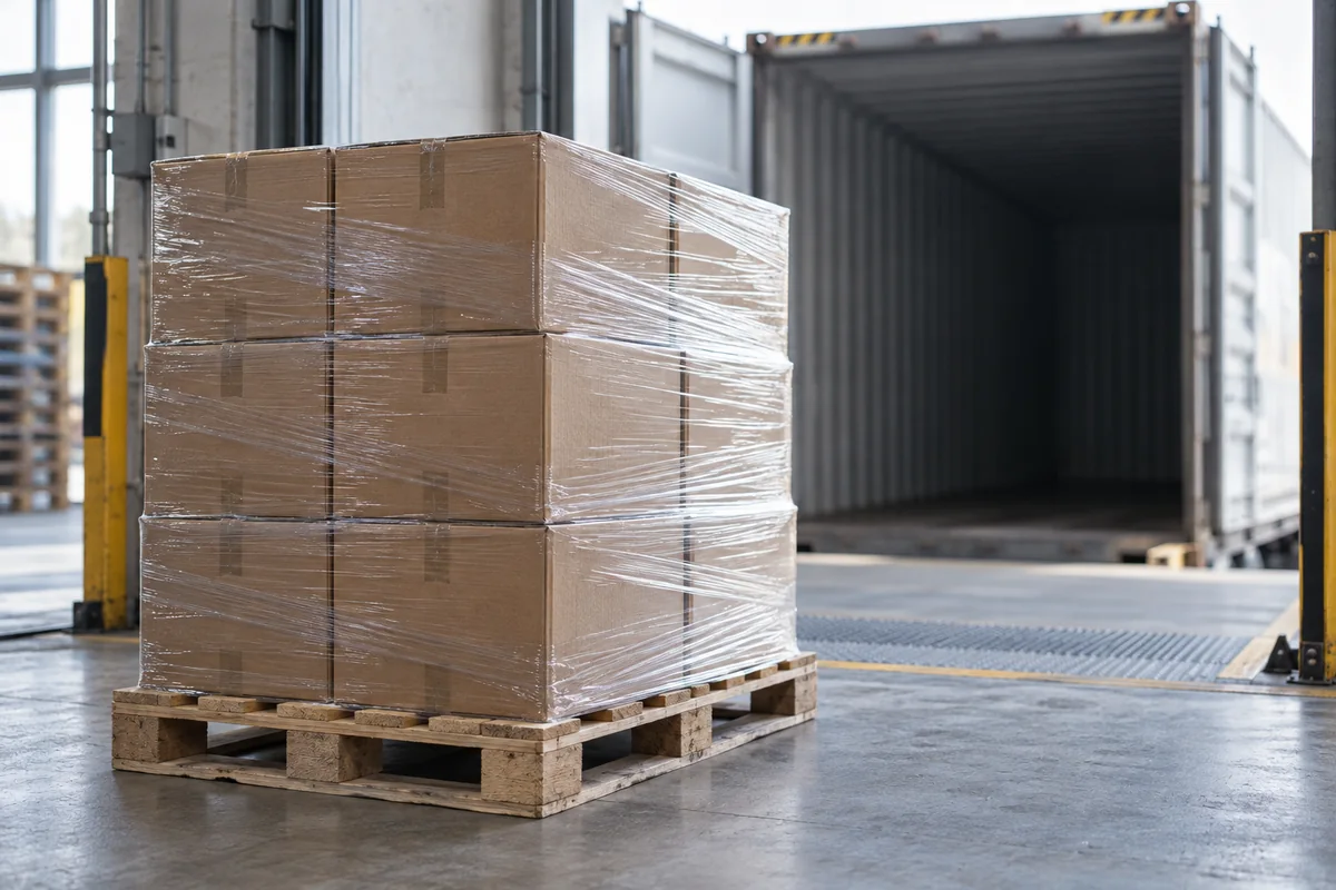 Pallet de cajas con film en un muelle de carga, con un contenedor abierto detrás