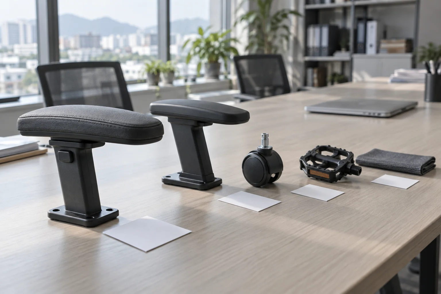 Muestras de producto de distintos proveedores dispuestas para comparar sobre una mesa larga de oficina
