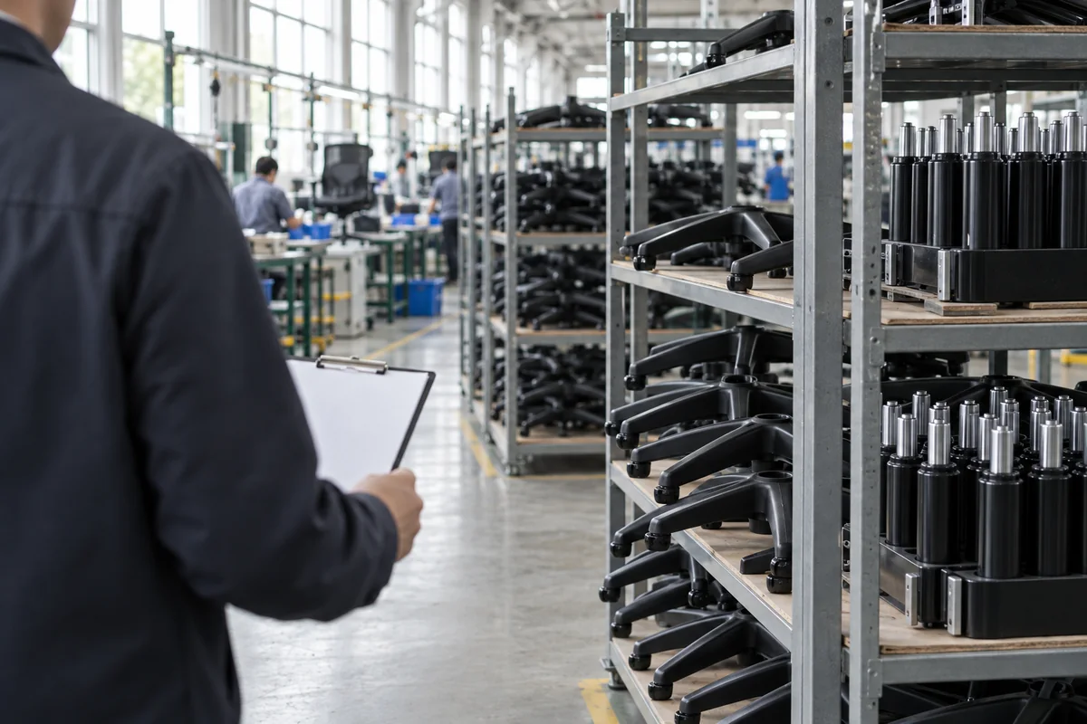 Especialista de compras de espaldas recorriendo estanterías de bases de sillas en una fábrica de muebles